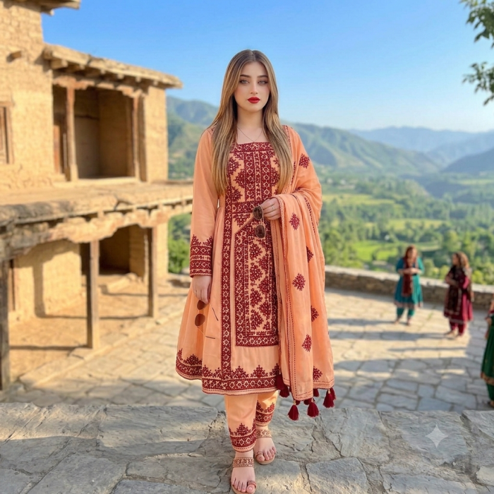 Peach Heritage Embroidered 3 piece